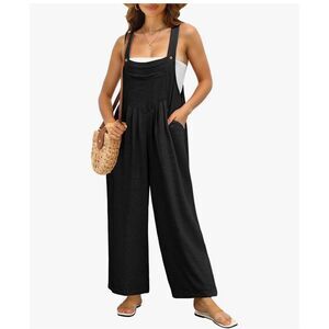 Women's Black 100% Cotton Gauze Wide-Leg Overalls Jumpsuit 2XL Pockets